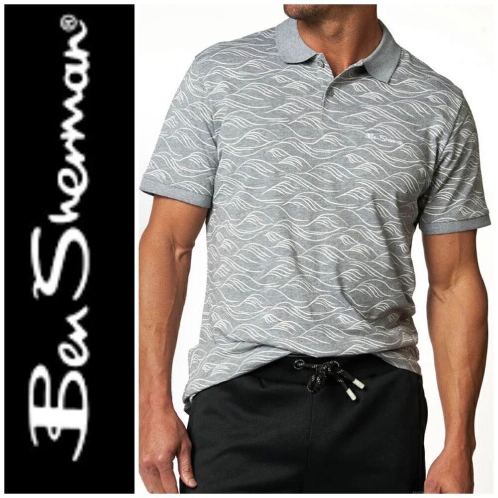 BEN SHERMAN - NWT - M Sz M - Wave Print Polo Shirt in Tonal Wave/Grey Heather